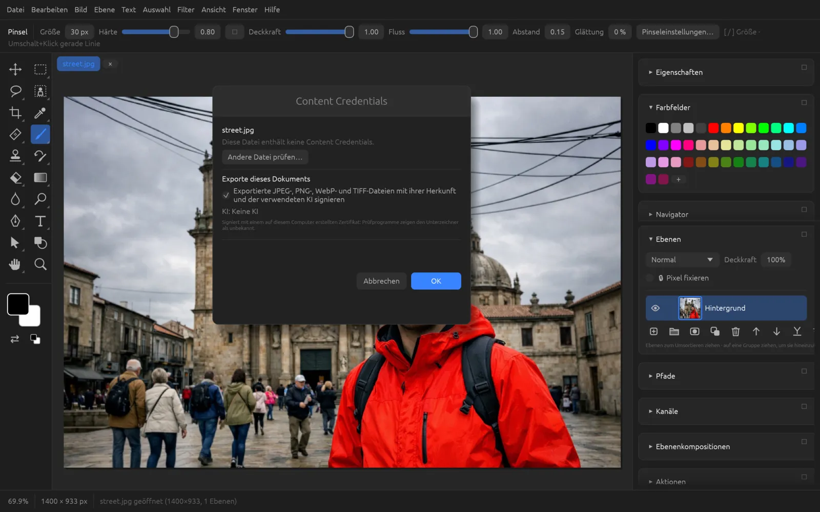 Content Credentials eines Fotos ohne Nachweis