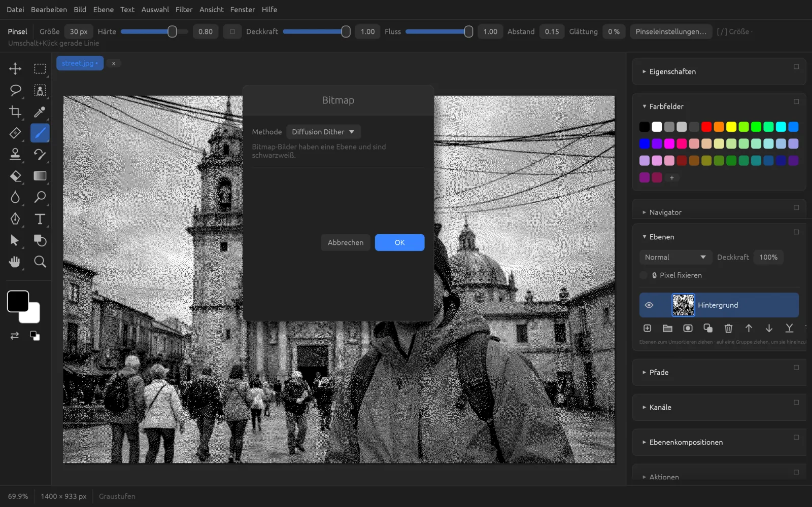 Dialog Bitmap mit der Methode Diffusion Dither und der Vorschau im Bild