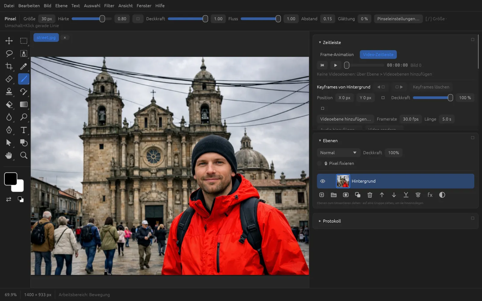 Zeitleiste im Modus Video-Zeitleiste mit Abspielleiste, Keyframe-Zeile für die Ebene Hintergrund und Schaltflächen für Videoebene, Framerate, Länge