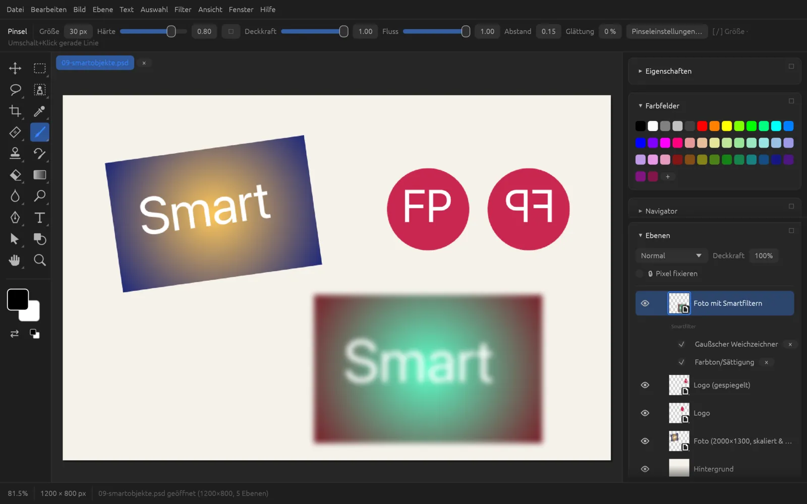 Smartobjekt mit Gaußschem Weichzeichner und Farbton/Sättigung als Smartfilter