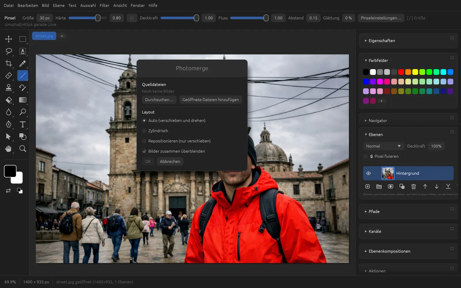 Dialog Photomerge mit Quelldateien und Layout-Optionen