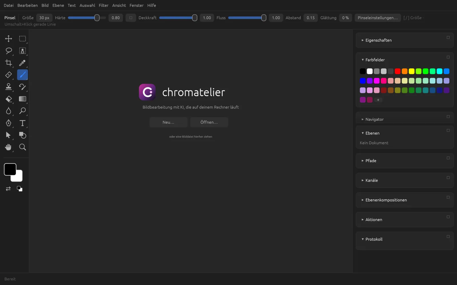 Startbildschirm von Chromatelier mit den Schaltflächen Neu und Öffnen