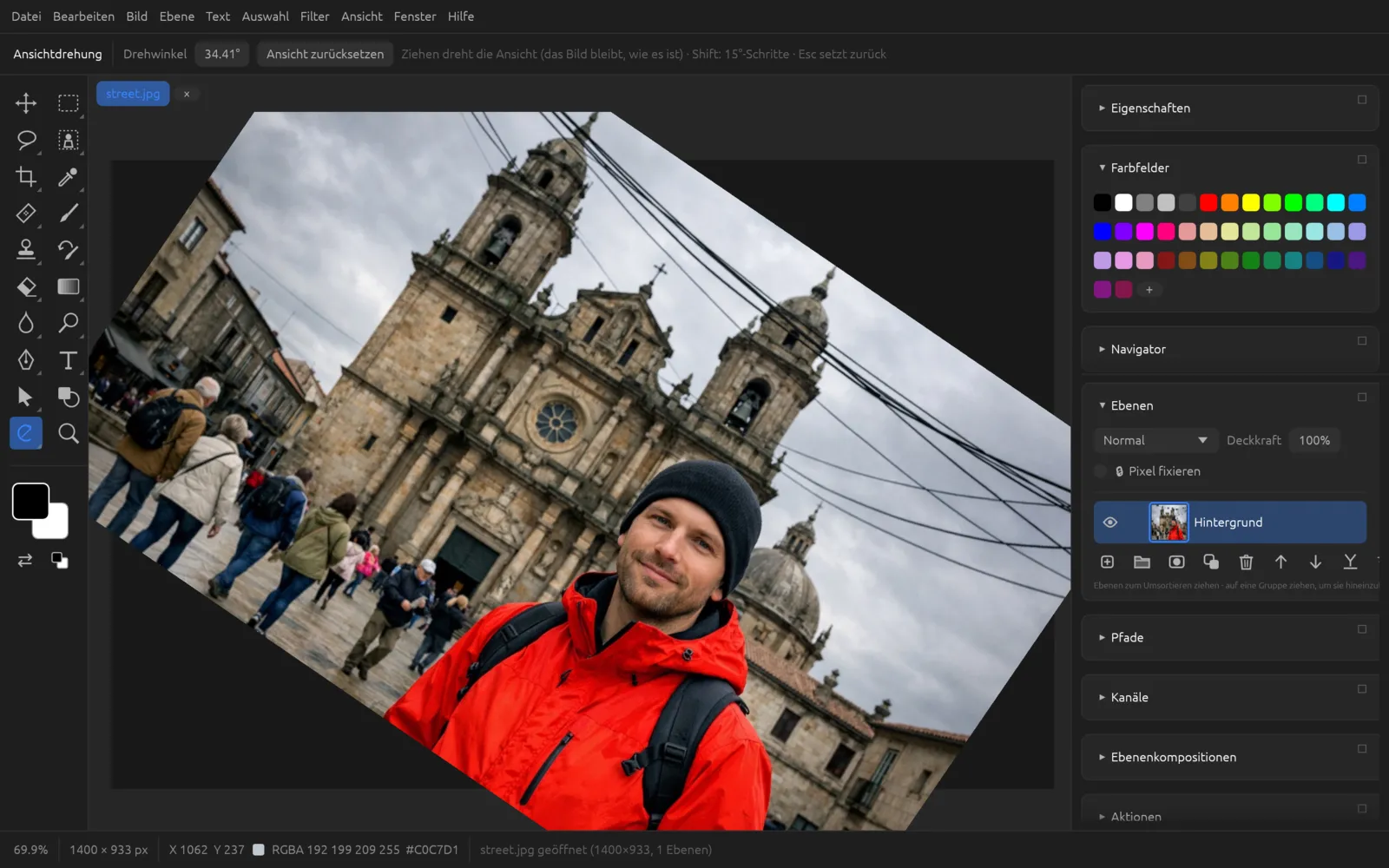 Gedrehte Ansicht des Fotos mit Drehwinkel in der Optionsleiste