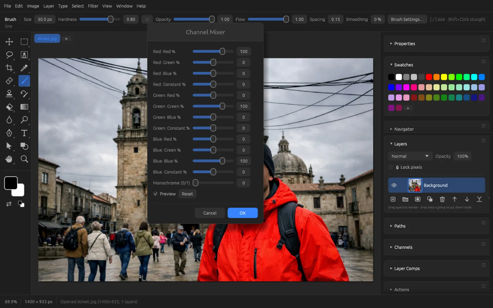 Channel Mixer dialog with twelve sliders and the Monochrome slider