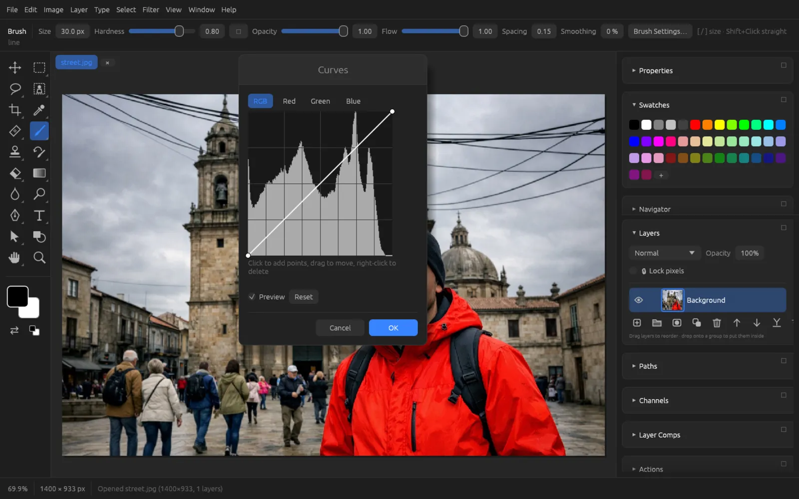 The Curves dialog with histogram and curve