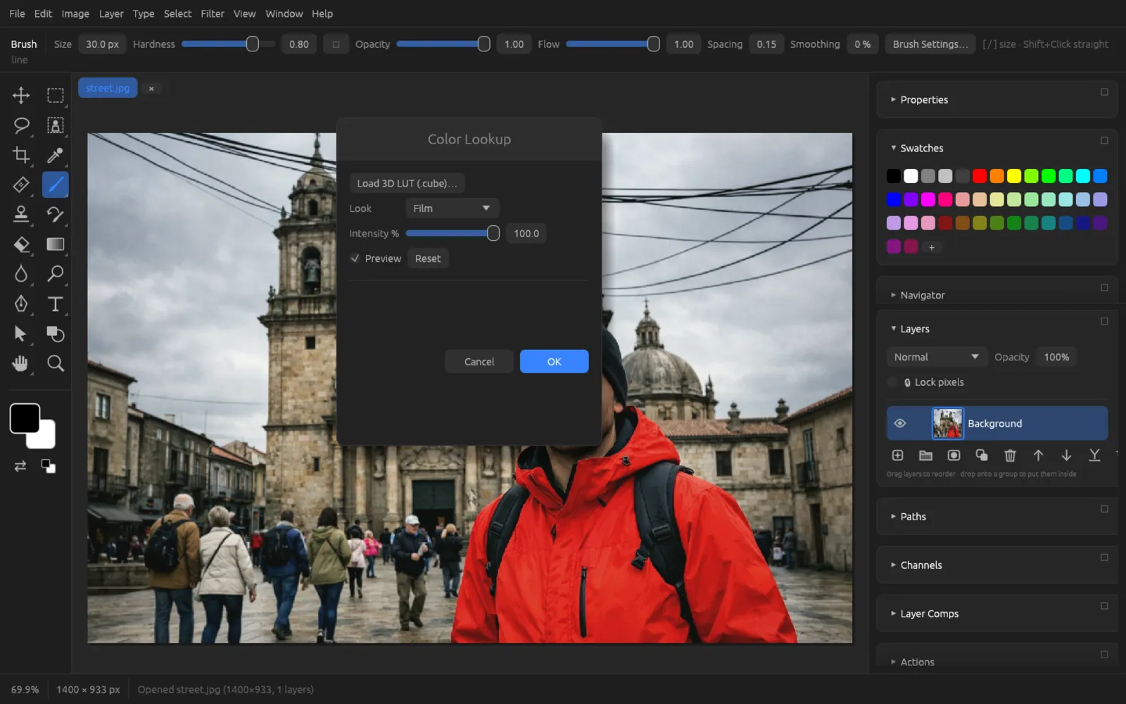 Color Lookup dialog with the Film look selected and Intensity