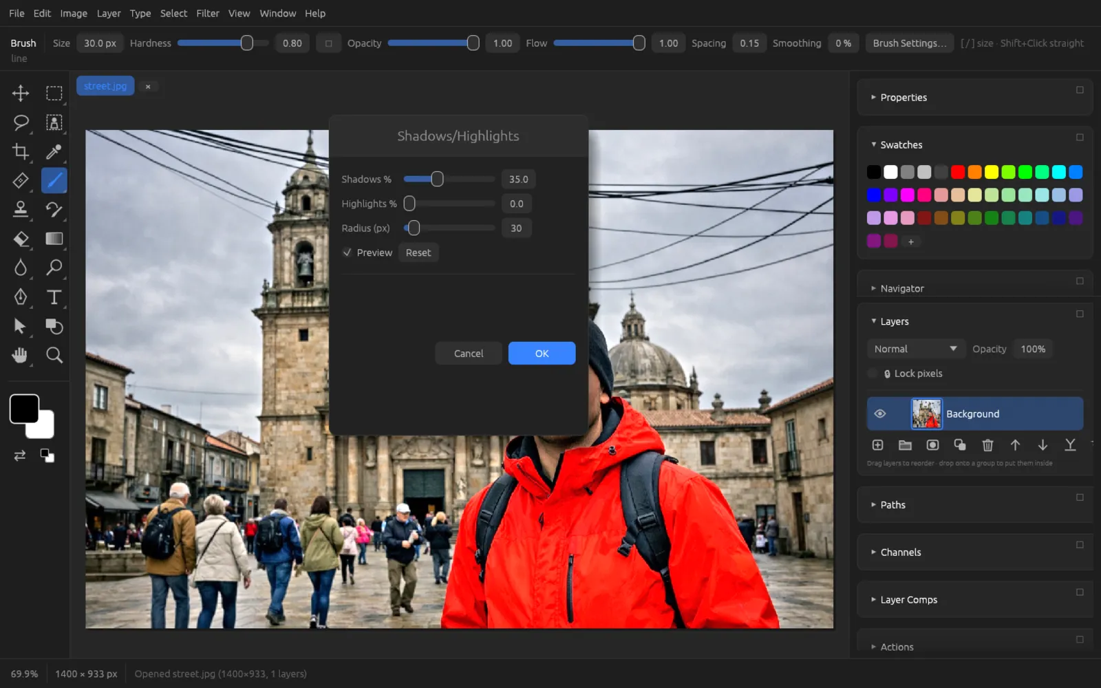 Shadows/Highlights dialog; the dark parts of the image are brightened