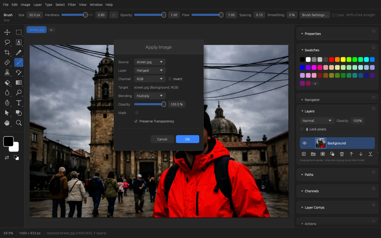 The Apply Image dialog with the Multiply blend mode and preview