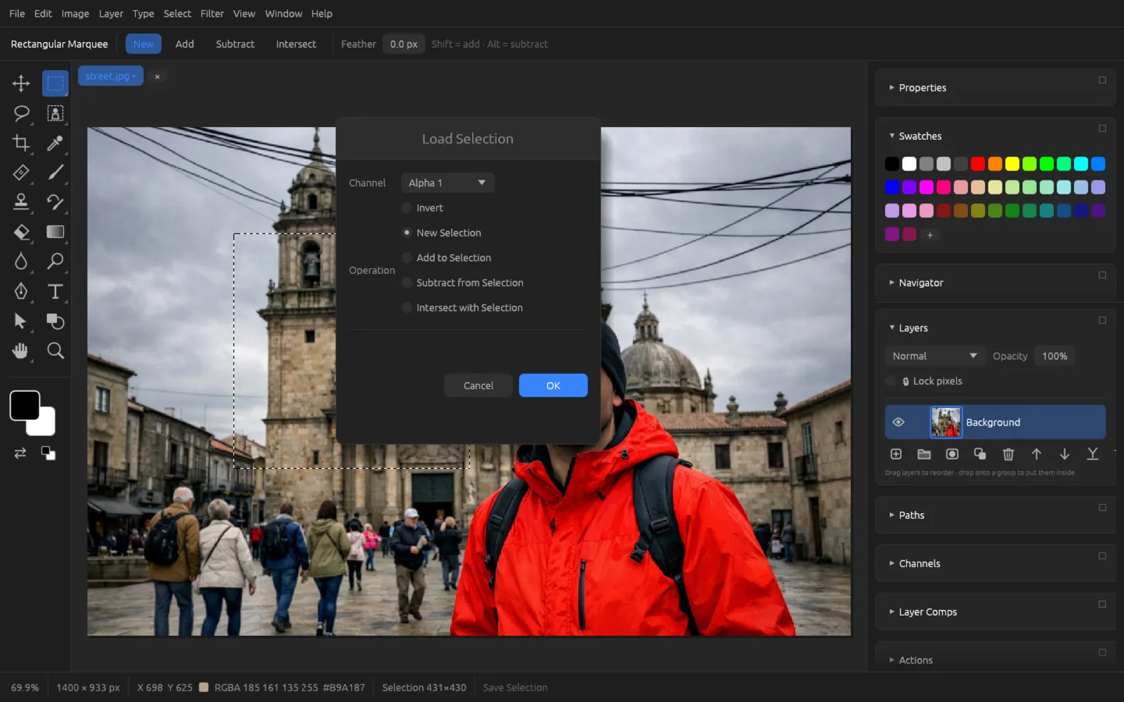 Load Selection dialog with channel Alpha 1