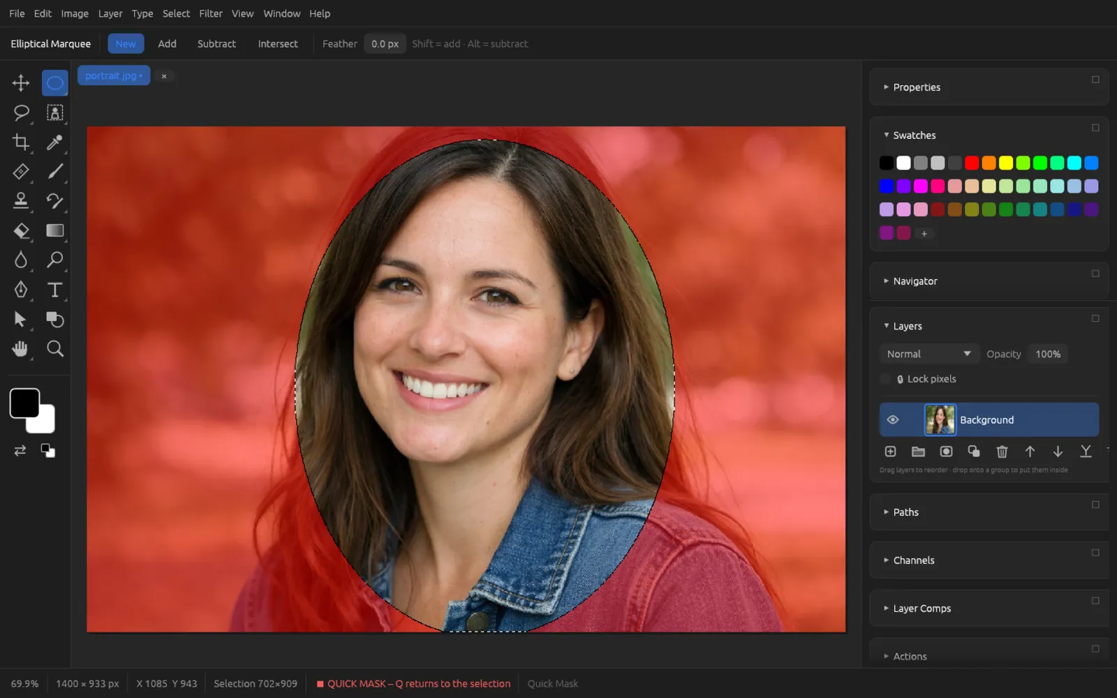 Quick Mask mode: red overlay around an elliptical selection