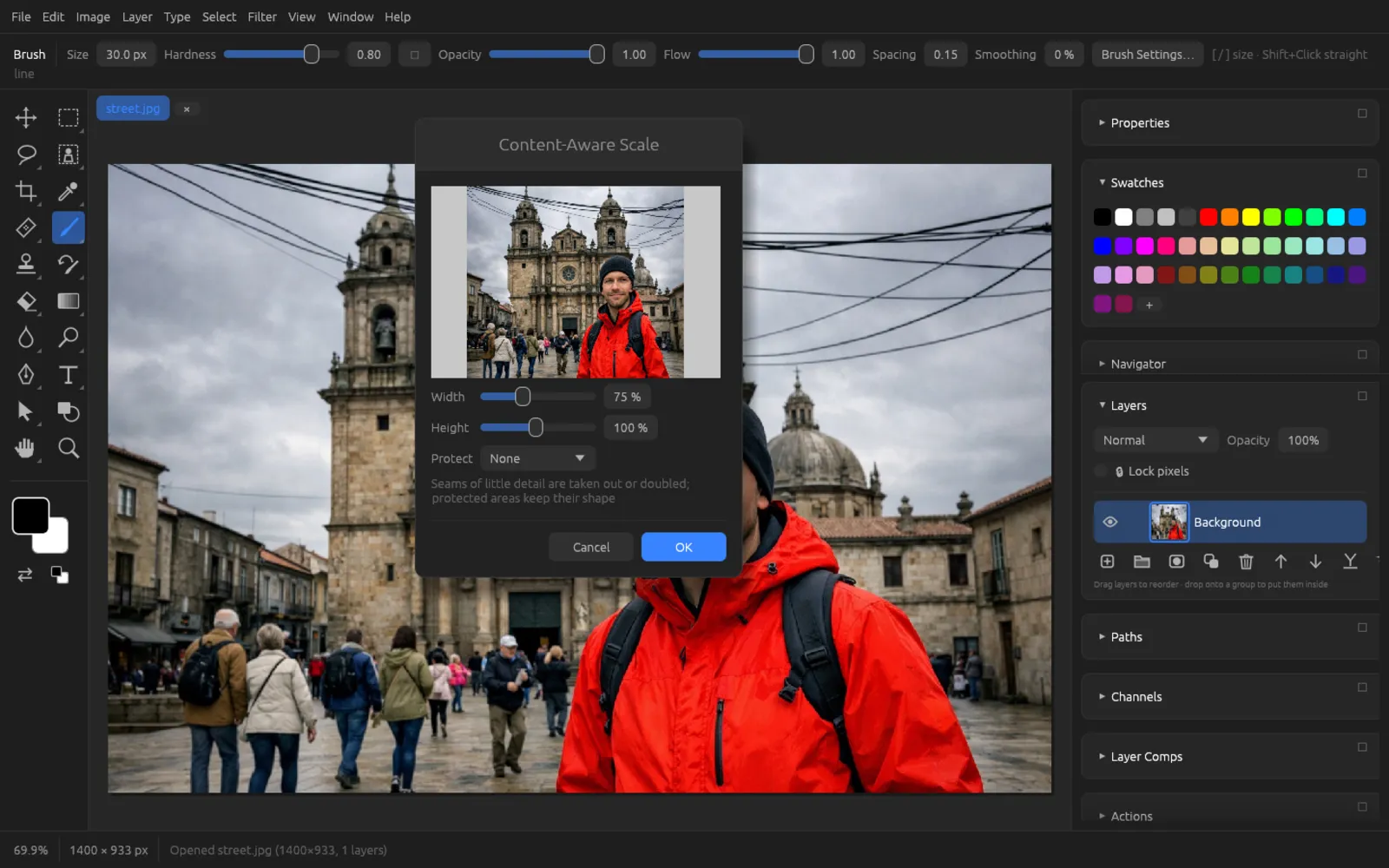 Content-Aware Scale dialog with preview, Width 75 percent and Protect