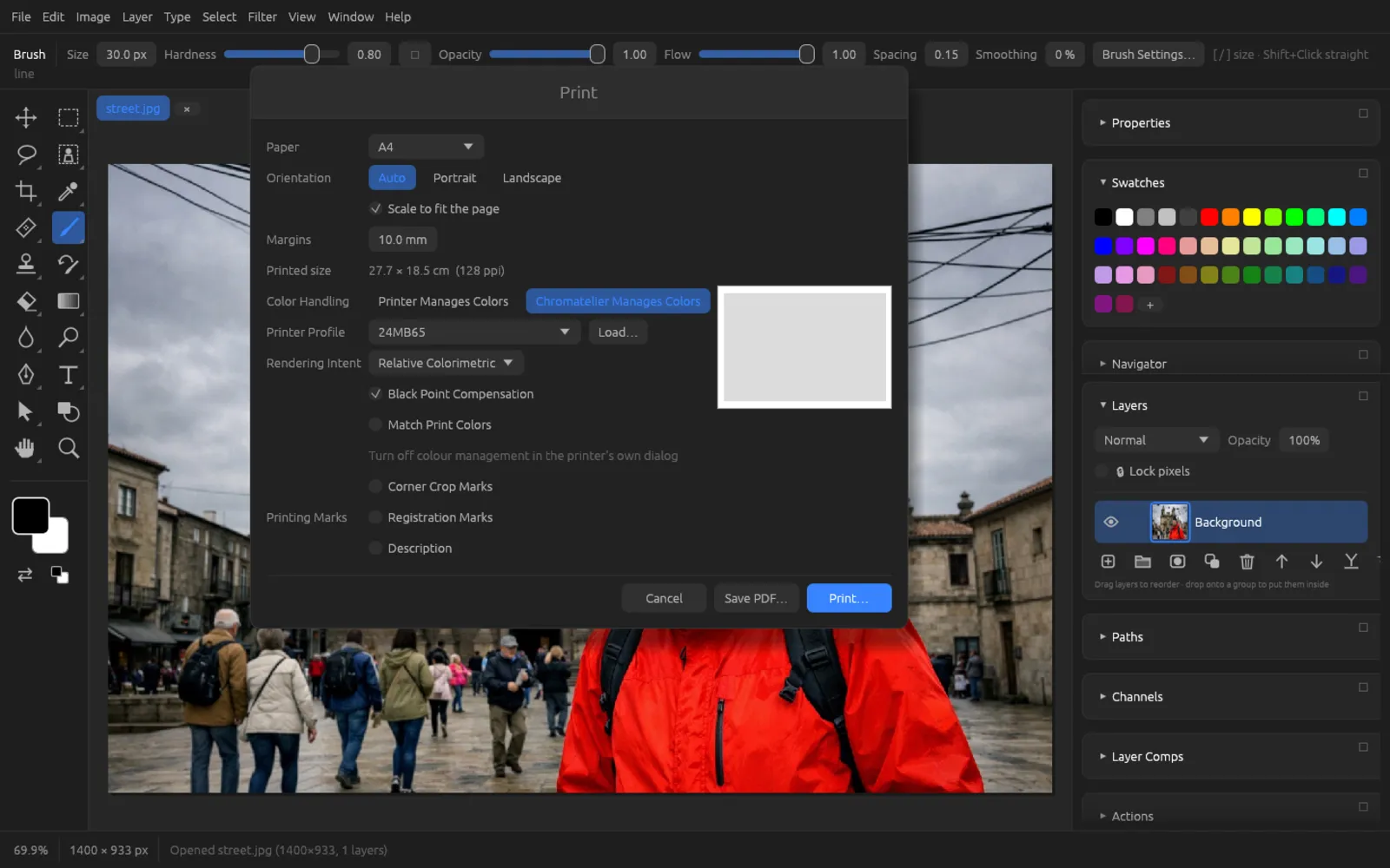 The Print dialog with Chromatelier Manages Colors, printer profile and rendering intent