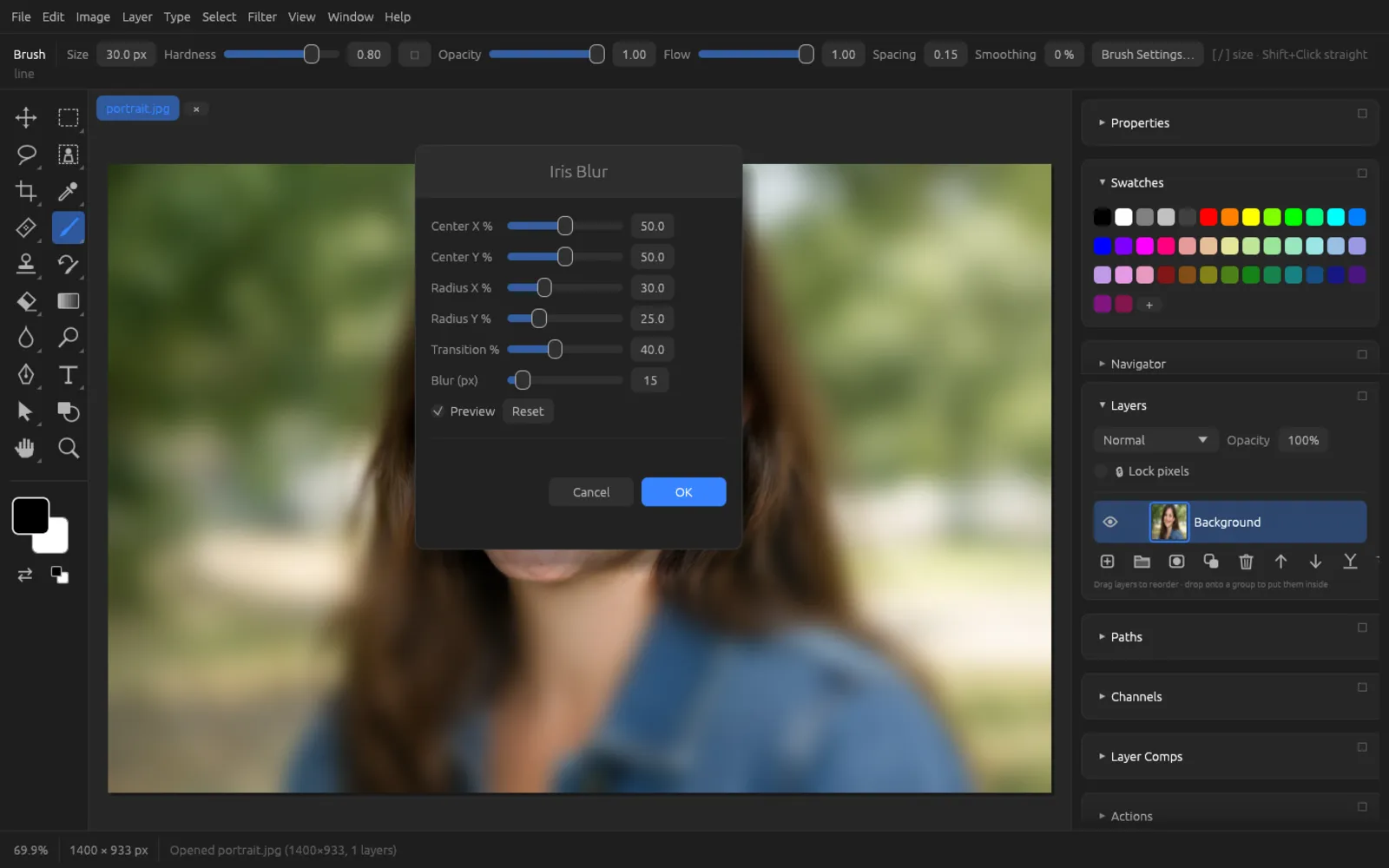 Iris Blur dialog over a portrait with blurred edges
