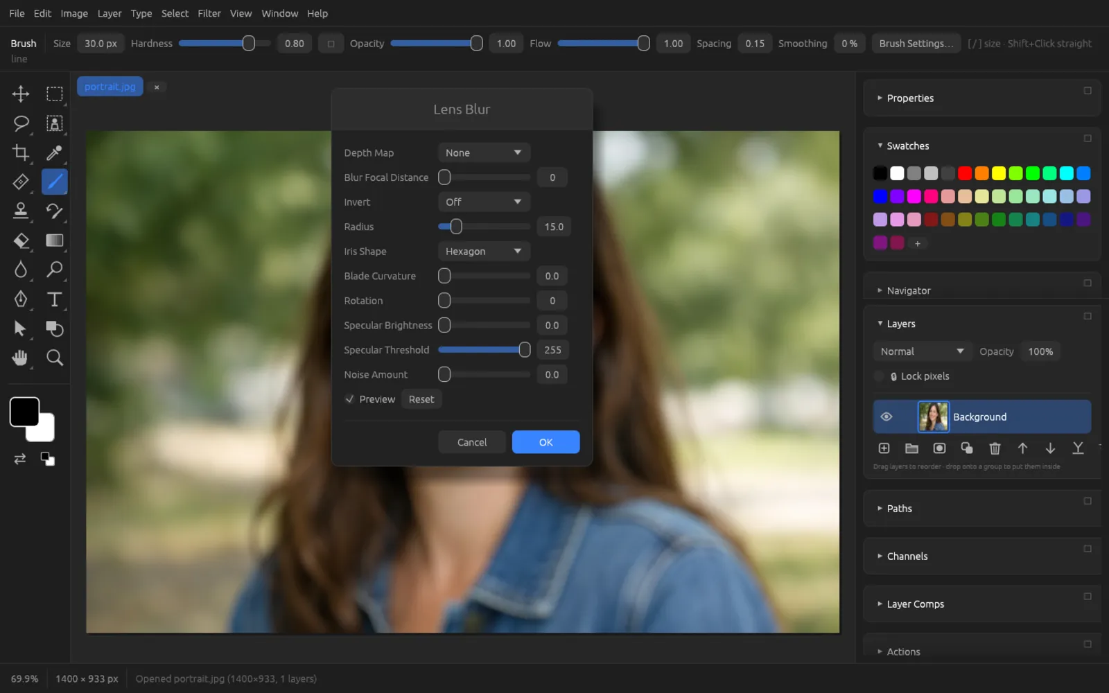 Lens Blur dialog with Depth Map, Iris Shape and other sliders