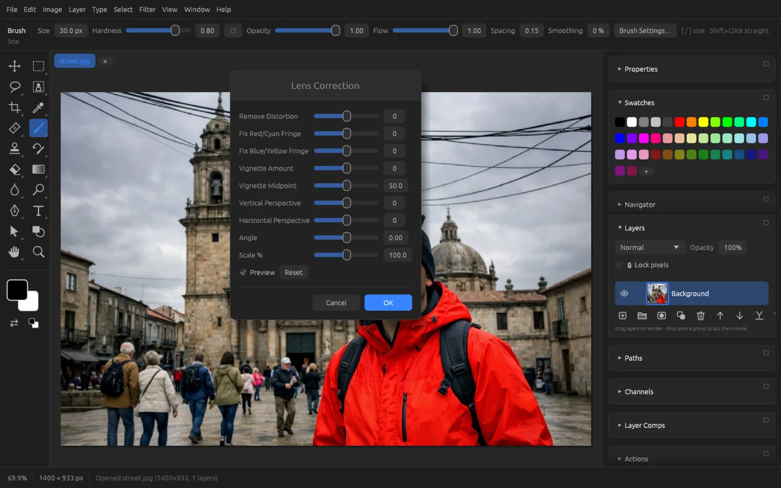 Lens Correction dialog with nine sliders