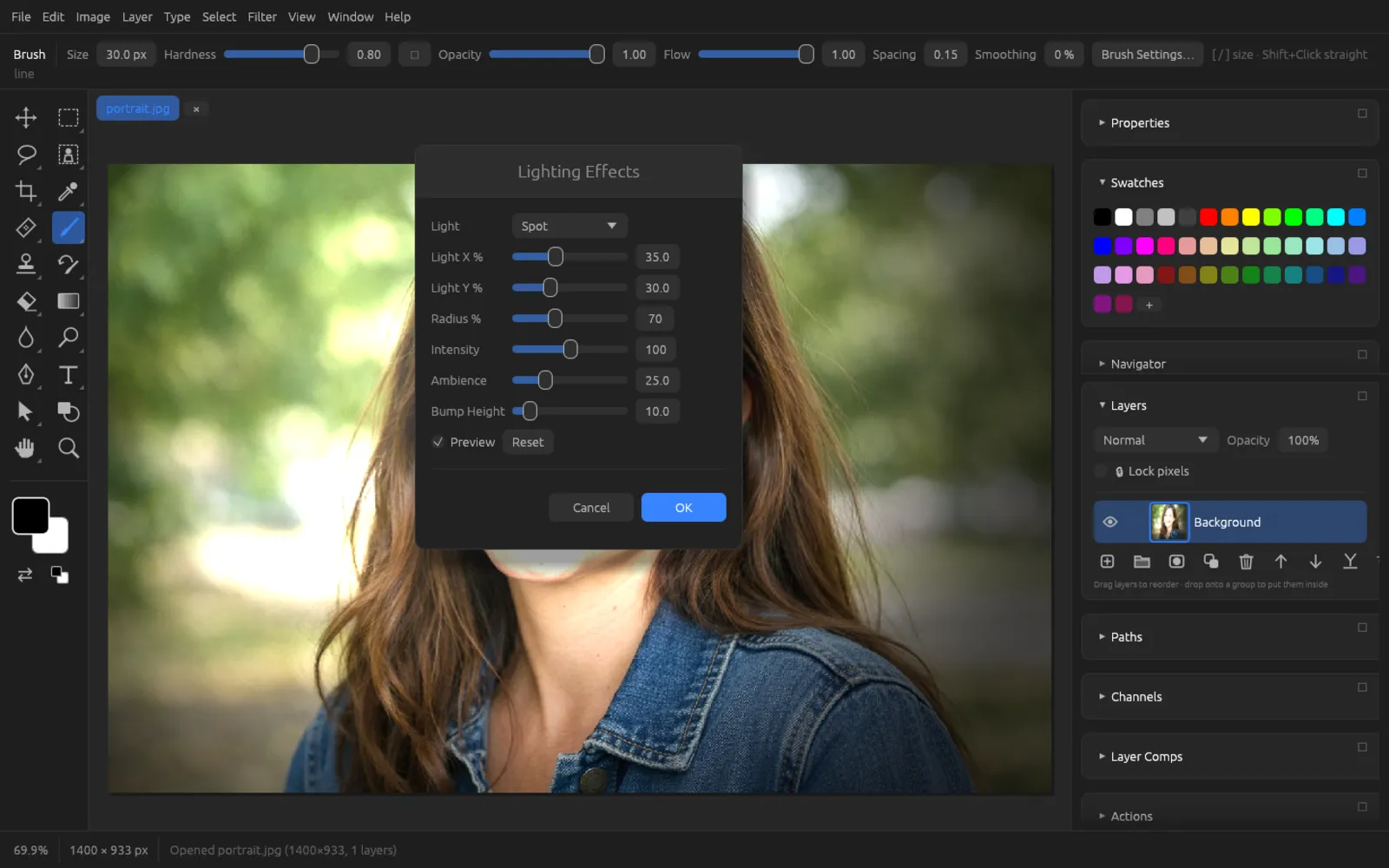 Lighting Effects dialog over a portrait