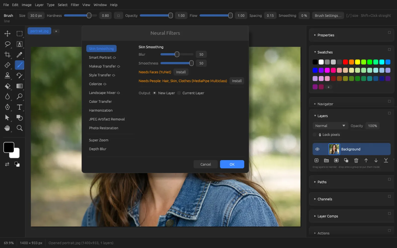 The Neural Filters window with the list of filters and the Skin Smoothing filter