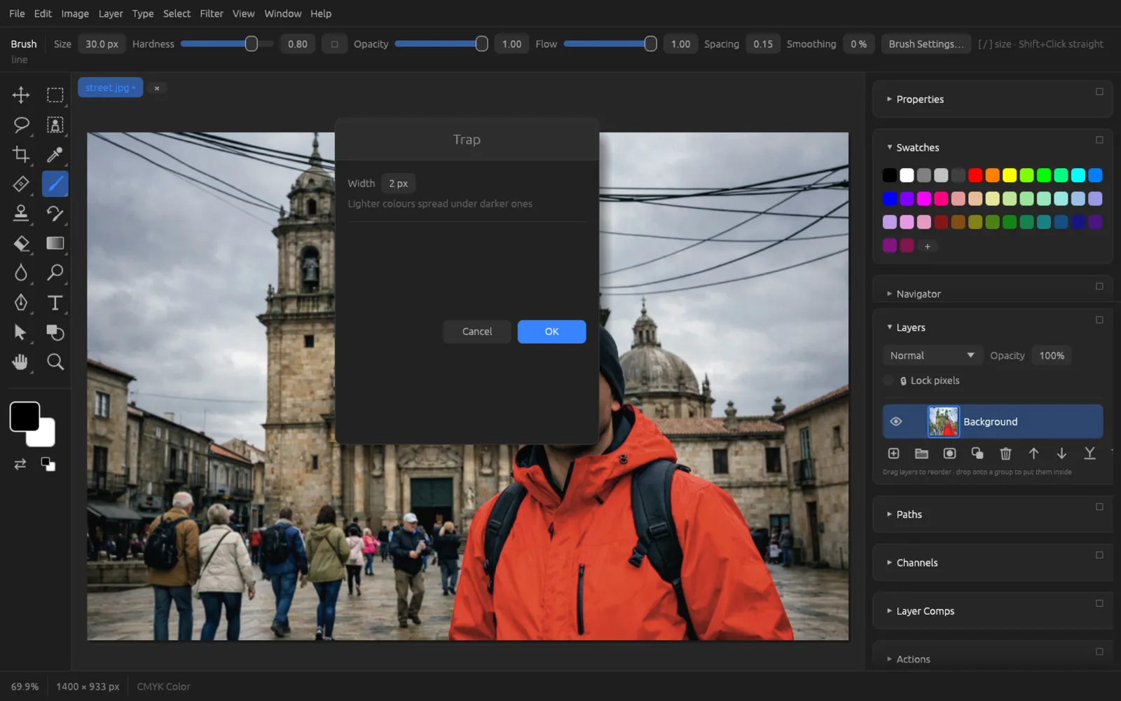 The Trap dialog with a width of 2 px in a CMYK document