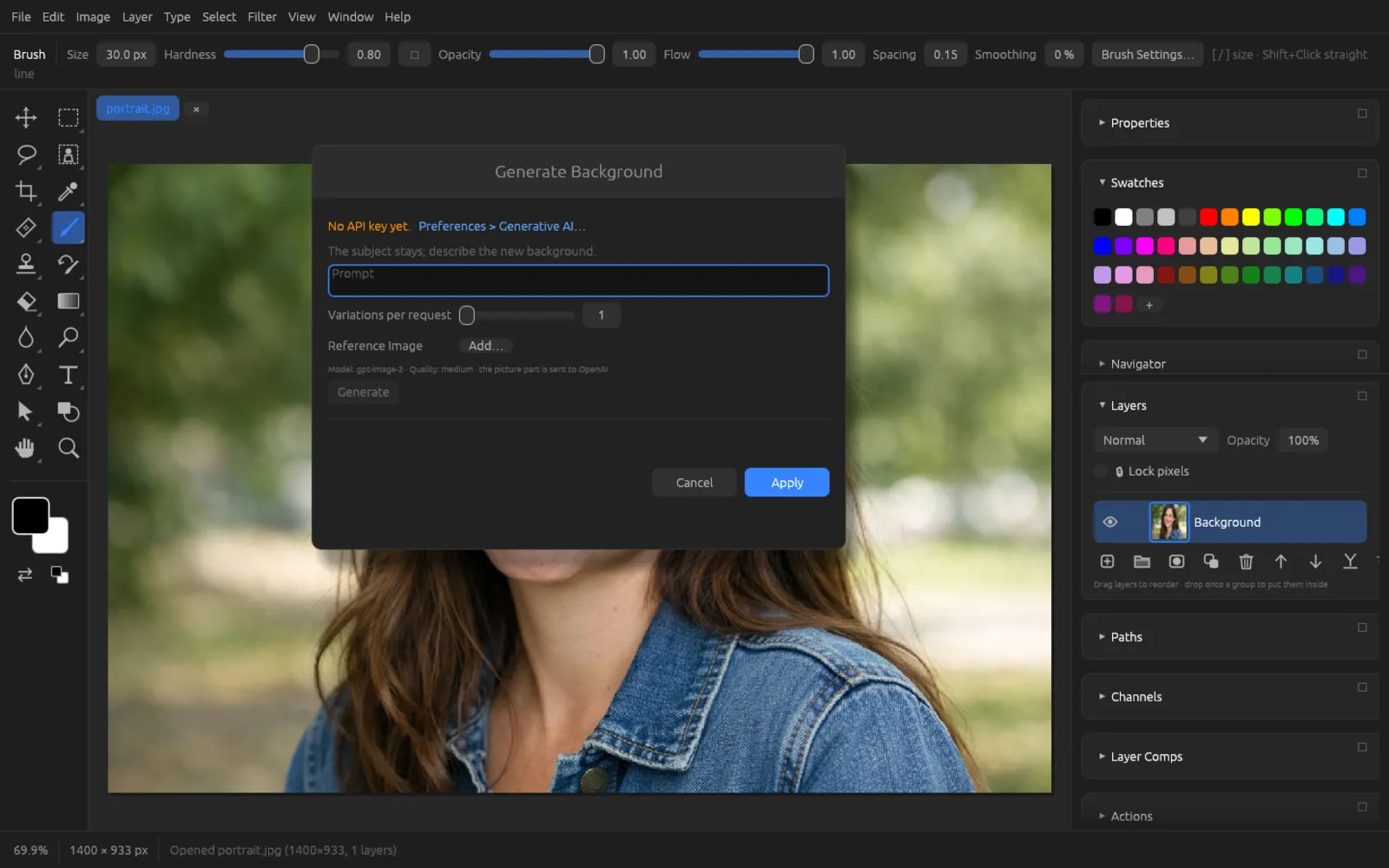 Generate Background dialog over a portrait