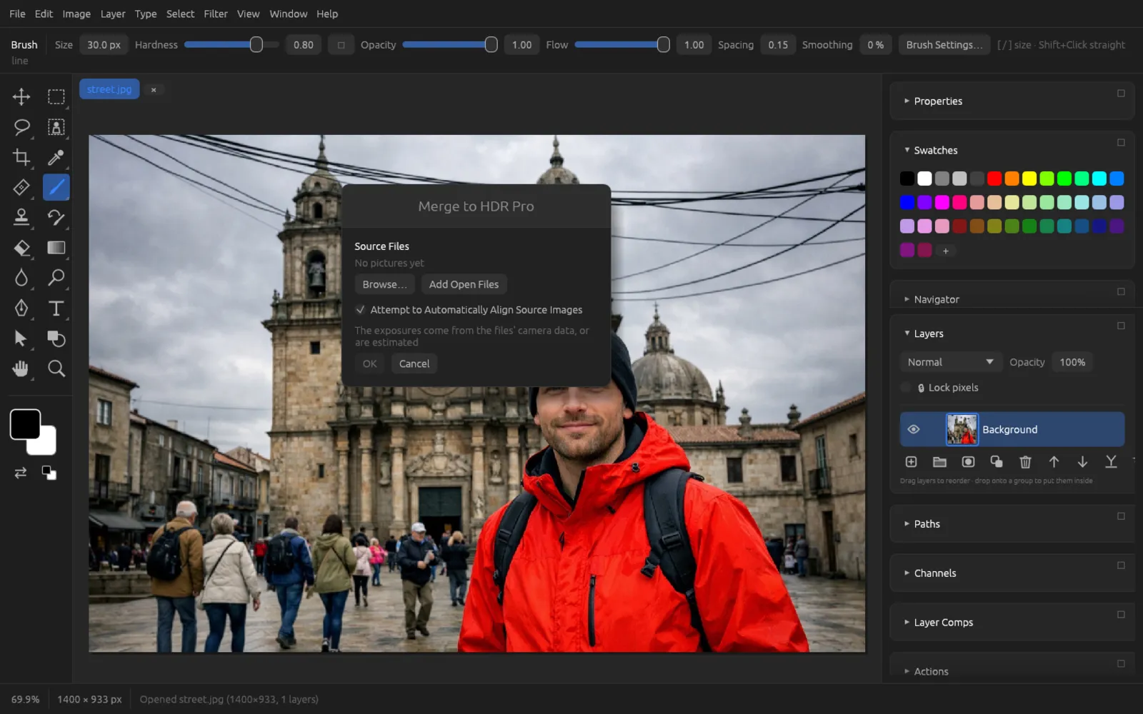 The Merge to HDR Pro dialog with source files and the align option