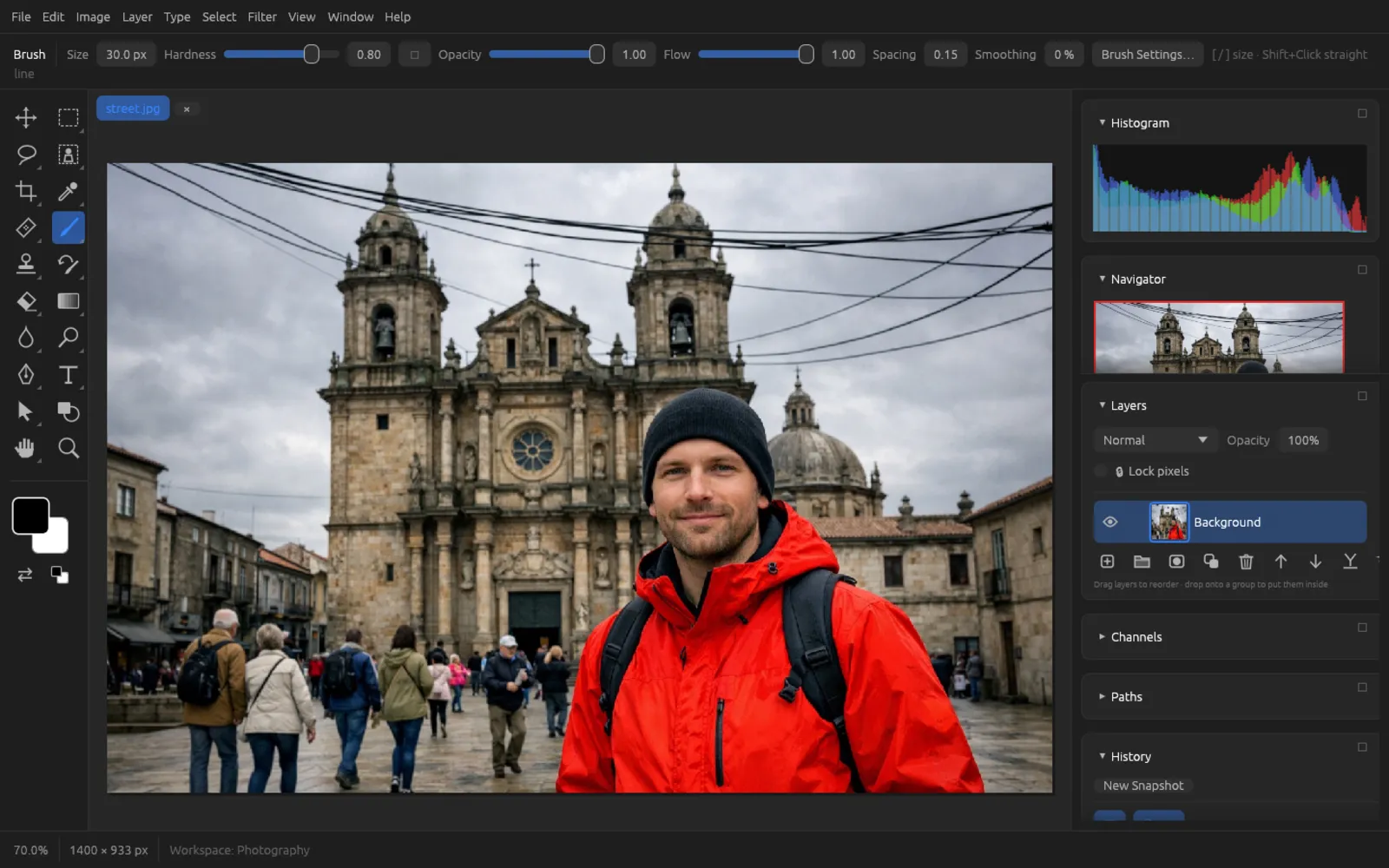The Photography workspace with Histogram and Navigator