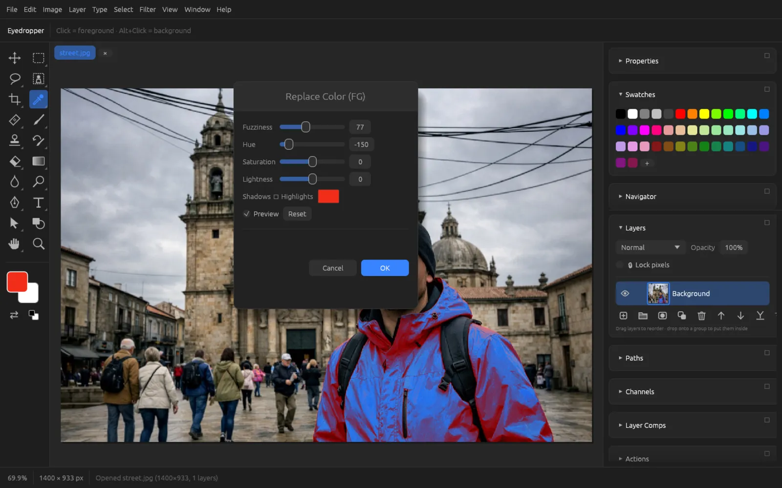 Replace Color dialog; the red jacket in the image has turned blue