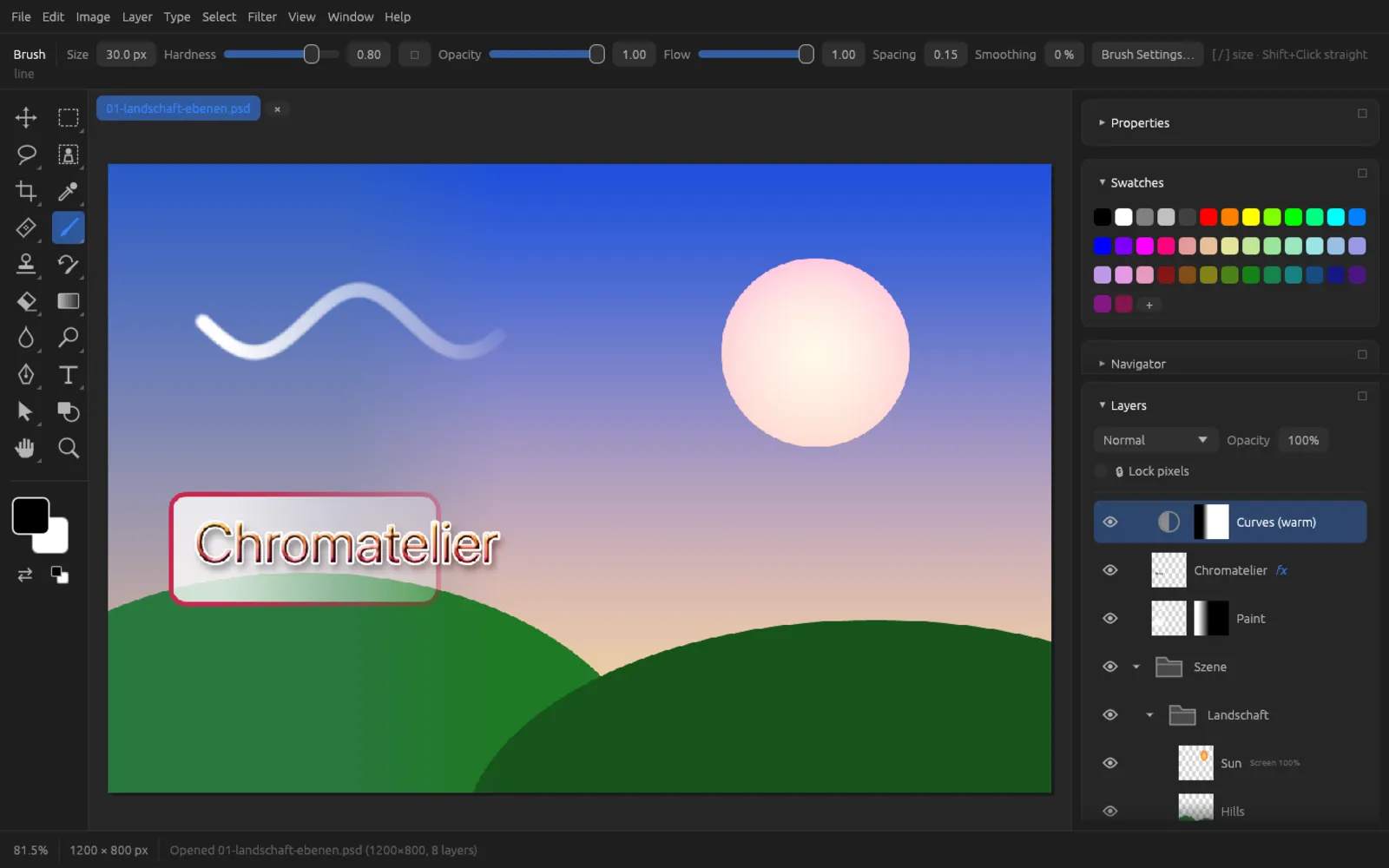 A PSD file with several layers, groups and an adjustment layer in the Layers panel