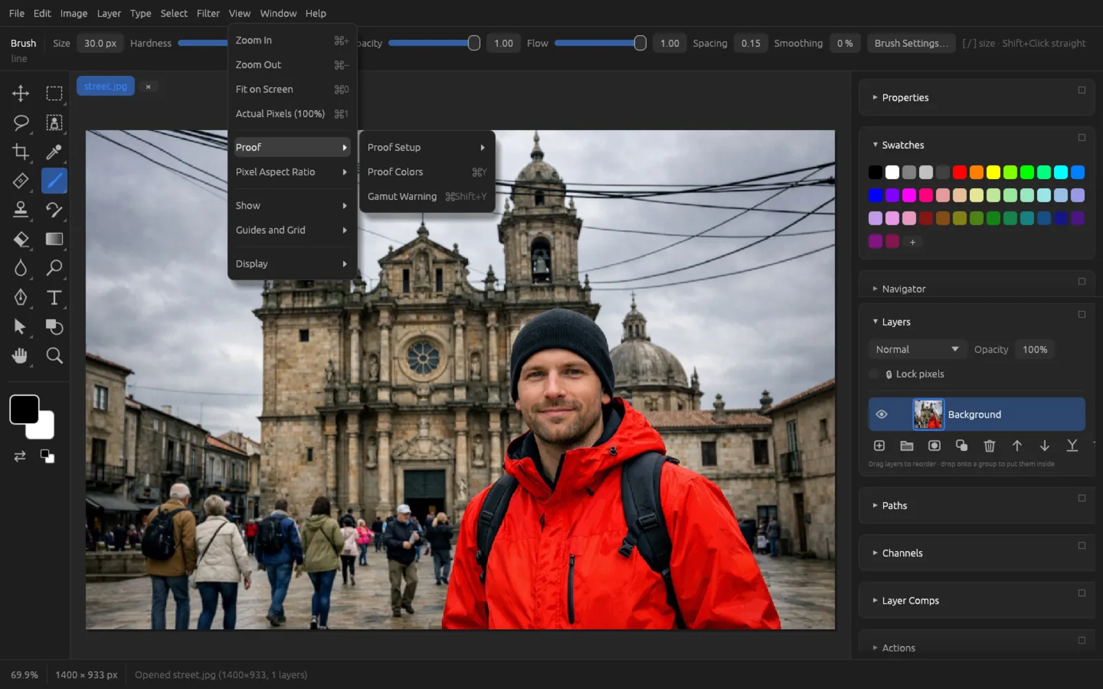 The View › Proof menu with Proof Setup, Proof Colors and Gamut Warning