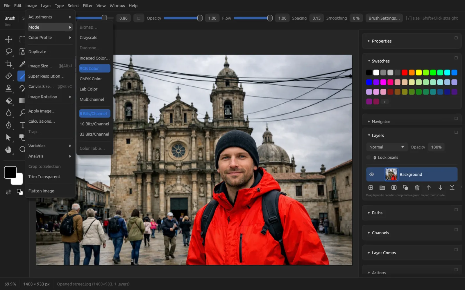 The Image › Mode menu with all color modes and bit depths