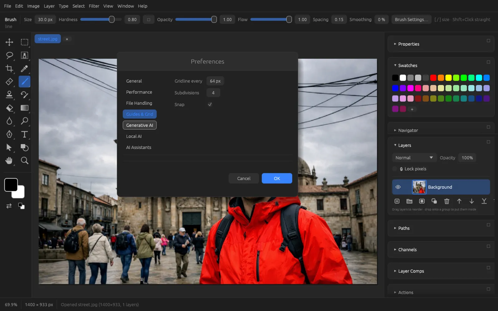 Preferences, Guides and Grid tab