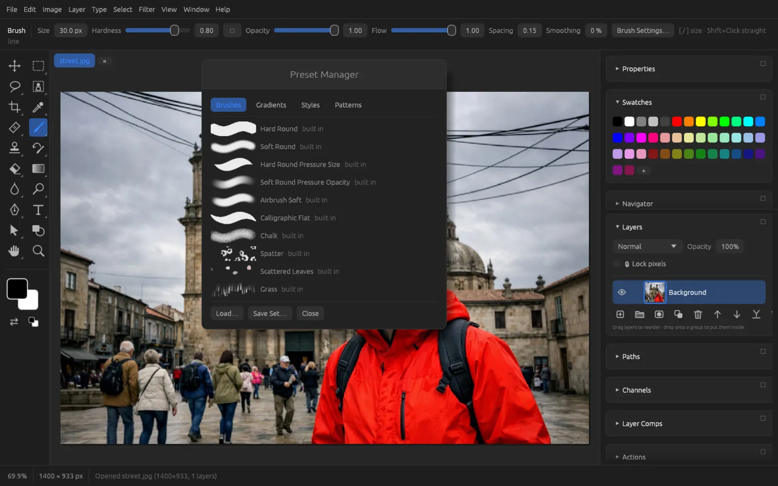 The Preset Manager with the tabs Brushes, Gradients, Styles and Patterns and the brush list