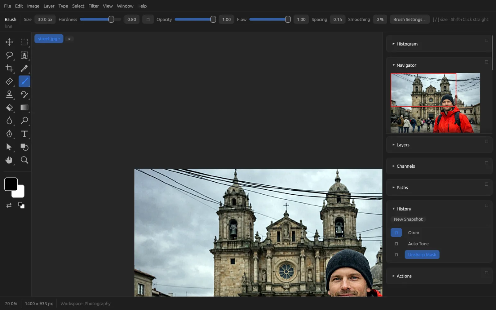 The History panel with the steps Open, Auto Tone and Unsharp Mask