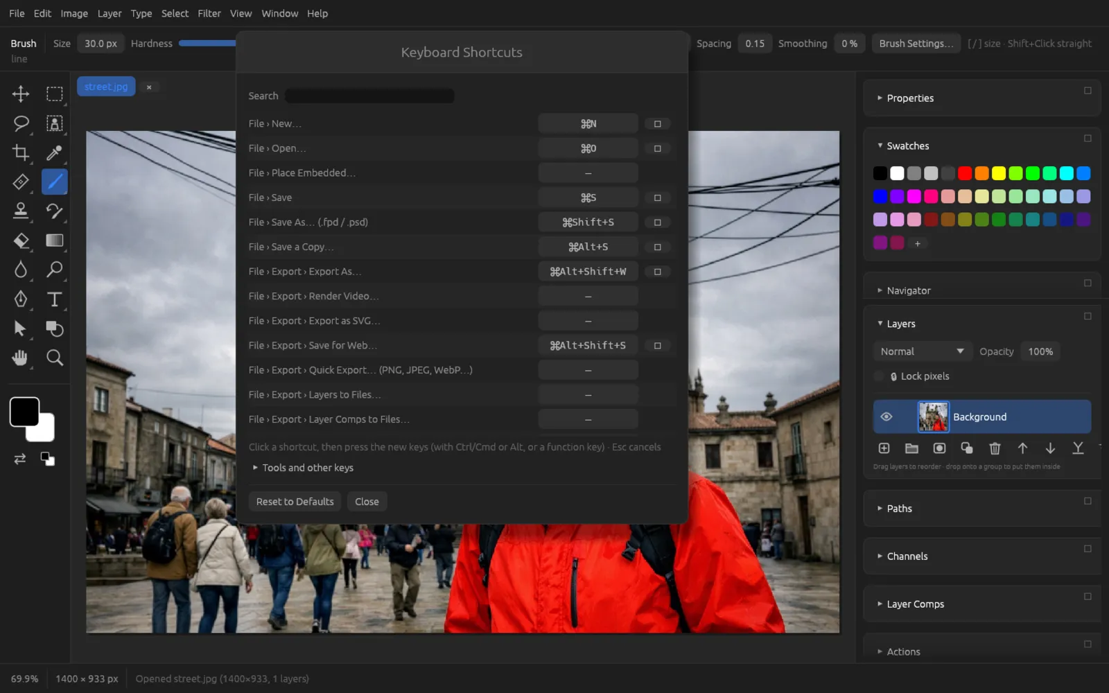 The Keyboard Shortcuts dialog with the list of menu commands and their shortcuts