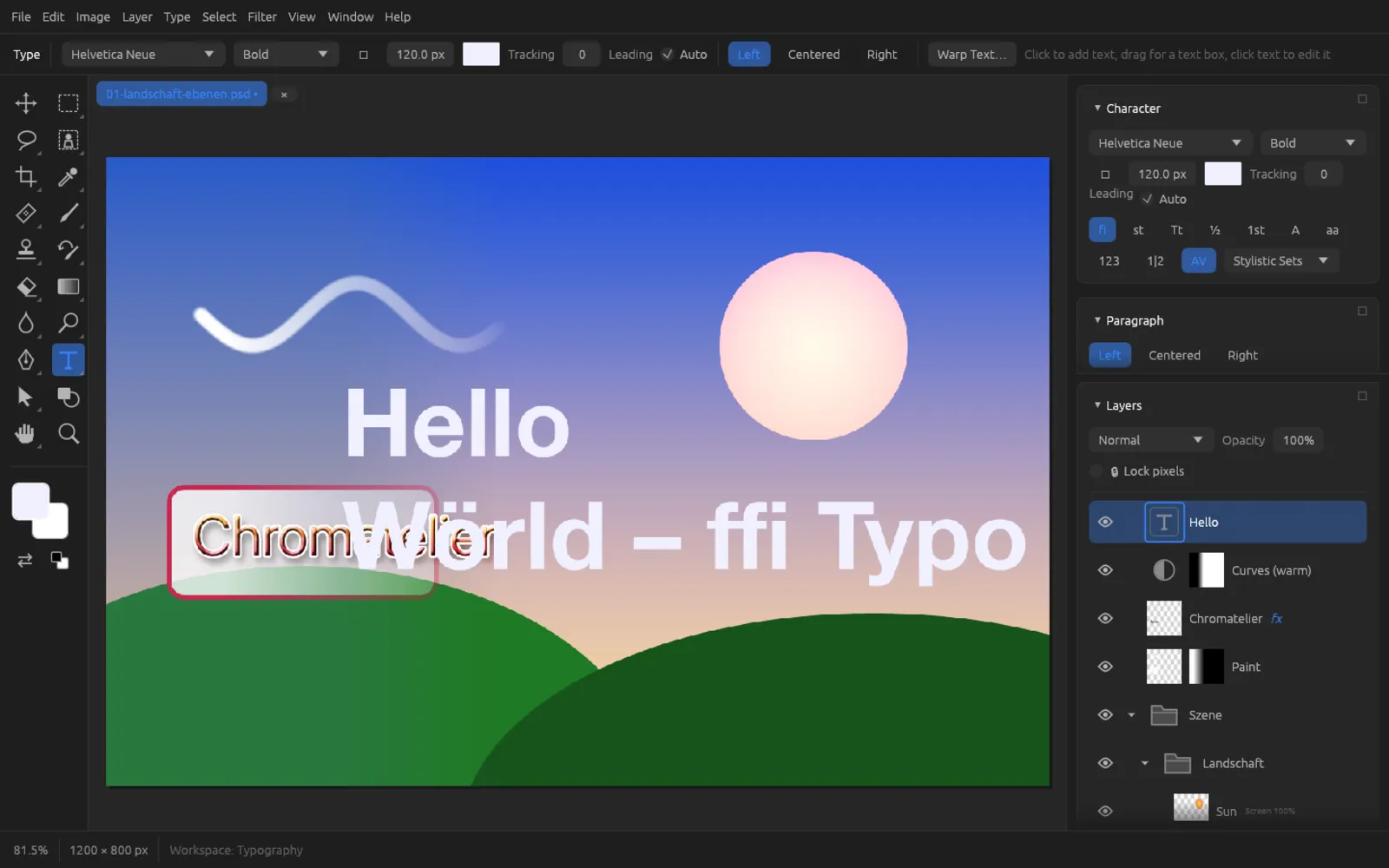 Typography workspace with the Character and Paragraph panels on the right